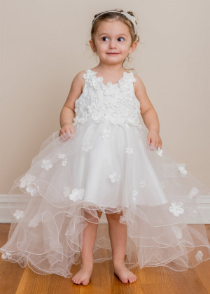 Beaded White Floral Tulle High Low Flower Girl Dress
